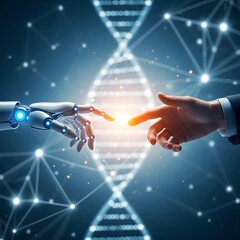 Human and robotic hands about to touch with DNA helix in the background, symbolizing the intersection of technology and life sciences