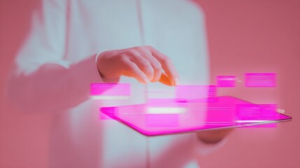 Workflow Automation Interface with Glowing Digital Nodes Managed by a Businessman on a Tablet for Software Development and Data Science Analytics in a Modern Studio