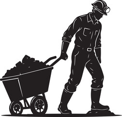 Coal Miner Pushing Mining Cart Full of Ore or Coal - Black Silhouette Illustration