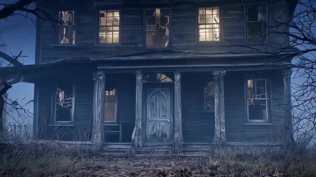 A decrepit two-story house with broken windows and porch, at night under a blue sky, eerie and abandoned