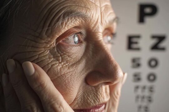 Creative lifestyle template. An elderly woman grandmother touching her face near eye, as in disbelief her vision eyesight test, with background of eye chart. clip mov HD motion
