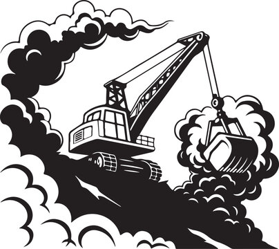 Heavy Duty Dragline Excavator Digging Coal or Earth Monochromatic Illustration