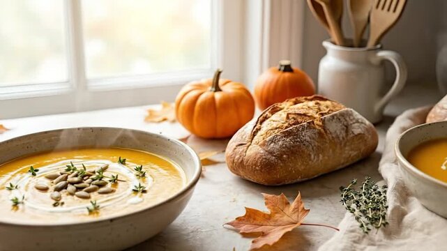 Steaming pumpkin soup with cream and seeds served with rustic bread on a table with autumn leaves near a window