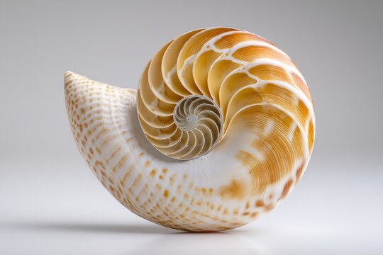 Sliced marine shell with a spiral interior, showcasing natural growth patterns on white