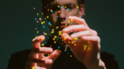 Business Professional Holding a Glowing Knowledge Graph for Data Management and Semantic Network Visualization on a Dark Background with Neon Accents