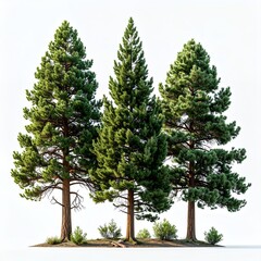 Fototapeta premium Three majestic pine trees standing tall against a clear white background, showcasing their vibrant green needles and sturdy trunks.