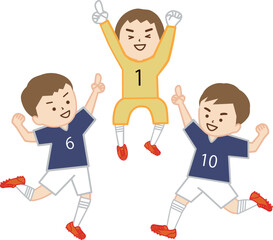 サッカーの試合に勝ち、ナンバーワンのポーズを取って喜ぶ男の子たち