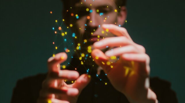 Business Professional Holding a Glowing Knowledge Graph for Data Management and Semantic Network Visualization on a Dark Background with Neon Accents - Powered by Adobe