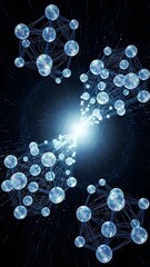 Network of transparent spheres connected by lines, illuminated by a bright light, against a dark background, resembling a complex system or technology, viewed from a 3D perspective, image (141).jpg