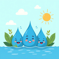 Cute water drops smiling in the sun, happy nature scene, fresh and clean, environmental concept.