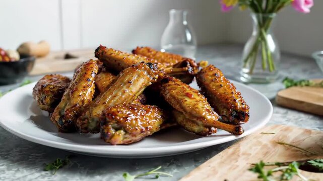 Close-up of delicious grilled chicken wings on the plate Tempting grilled chicken wings delicacy