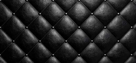 Fototapeta premium Close-up of a quilted black leather surface with diamond pattern and small silver studs