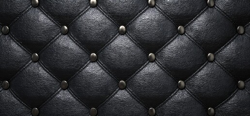 Fototapeta premium Close-up of black, textured upholstery featuring diamond stitching and metal studs. Luxurious and elegant
