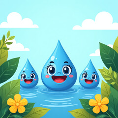 Happy water drops with smiling faces surrounded by lush green leaves and yellow flowers under a bright sky, conveying a sense of joy and nature.