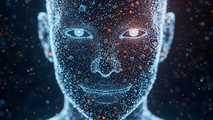A futuristic digital representation of a man's face composed of glowing particles and data streams, viewed from a close-up perspective.