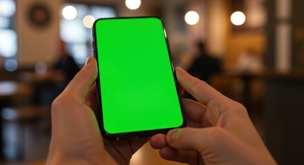 First person perspective of hands holding a smartphone with a green screen.