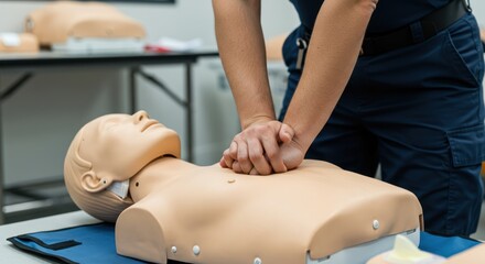 First Aid Training Practicing CPR on a Mannequin.