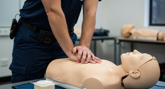 First Responder Practicing Cardiopulmonary Resuscitation on a Mannequin.