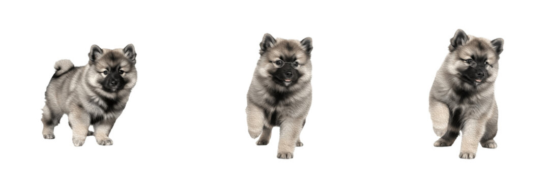 Keeshond Puppy Isolated on White Background, Wolfspitz, Purebred Fluffy Silver-Black Young Canine, Smiling Dutch Spitz Baby Pet Standing