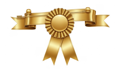 Golden award ribbon with a shimmering rosette and graceful tails, symbolizing victory and prestige