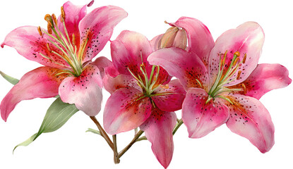 Close-up view of vibrant pink lilies, detailed with green stems, petals, and stamens