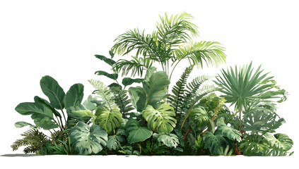 Lush illustration featuring a dense cluster of various green tropical foliage elements