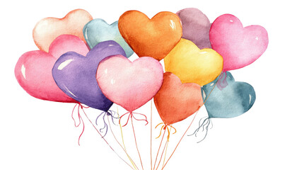 Watercolor illustration of heart-shaped balloons in various pastel colors