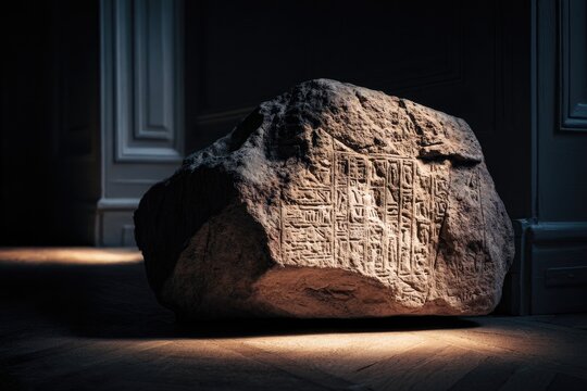 Ancient inscribed stone block indoors, light highlighting the carved details and textures