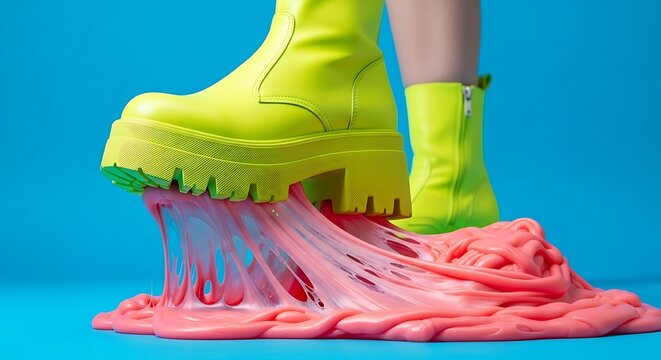 Vibrant lime green boot stepping into sticky pink goo