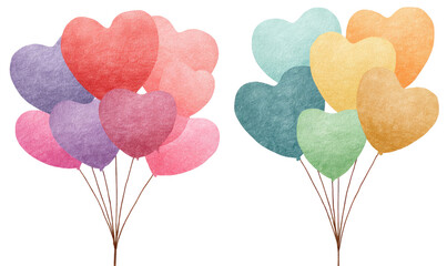 Two clusters of colorful, heart-shaped balloons, attached to brown stems, isolated on black background