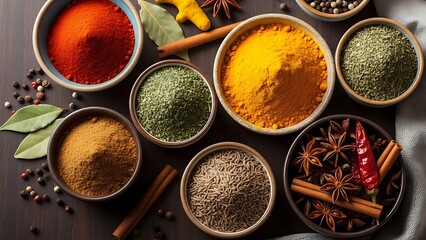 Assortment of colorful spices and herbs in bowls on a dark wooden surface, culinary ingredients for cooking