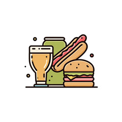 Colorful illustrated food and drink icons set against a black background