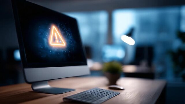 A modern computer setup showcasing a glowing warning sign on the screen, set against a dimly lit office environment with a stylish desk lamp and plant.