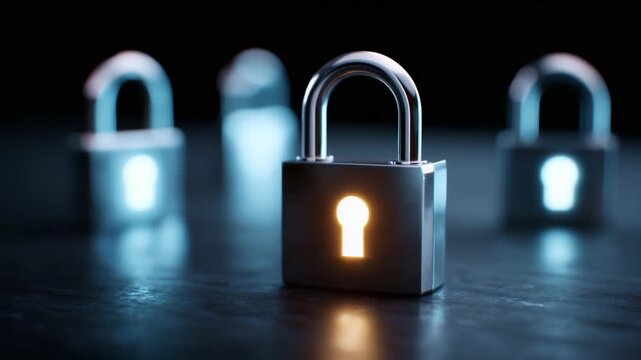 A Group of Metallic Locks with an Illuminated Keyhole, Symbolizing Security, Protection, and Access Control in a Dark Atmosphere for a Visual Metaphor.