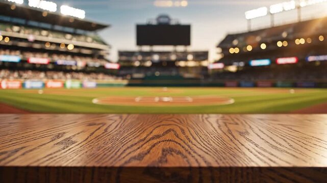 Empty wooden tabletop in front of a sunlit baseball stadium with stadium lights and a blurred outfield