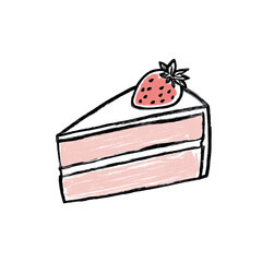 A cartoonish, hand-drawn slice of cake with pink layers, white frosting, and a strawberry