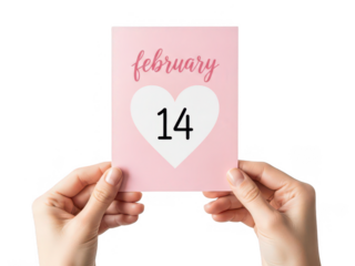 Hands holding february fourteen card isolated on transparent background