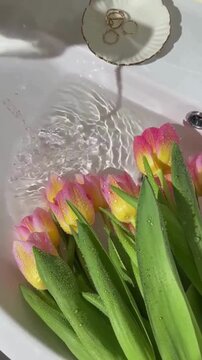 Aesthetic Pink and Yellow Tulips in a White Sink with Running Water and Jewelry