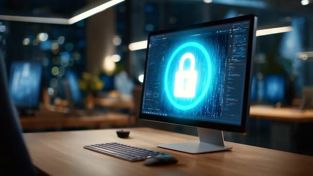 A visually striking representation of digital security, showcasing a computer monitor with a glowing padlock symbol amid a backdrop of binary code and modern workspace ambiance.
