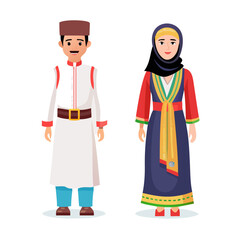 Man and woman in ethnic traditional dress of different countries of world set. People wearing folk costume in tradition of Saudi Arabia and Albania, Sweden and Spain, China cartoon vector illustration