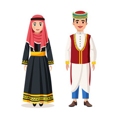 Man and woman in ethnic traditional dress of different countries of world set. People wearing folk costume in tradition of Saudi Arabia and Albania, Sweden and Spain, China cartoon vector illustration