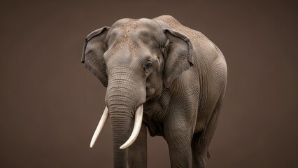 Obraz premium A large grey elephant with tusks stands against a solid brown background, looking forward