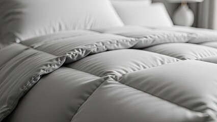 Close-up of a soft, quilted white blanket on a bed with pillows. Gentle lighting