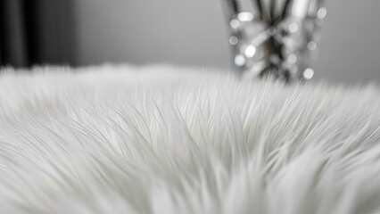 Close-up of a soft, white furry rug with out-of-focus decorative elements in the background