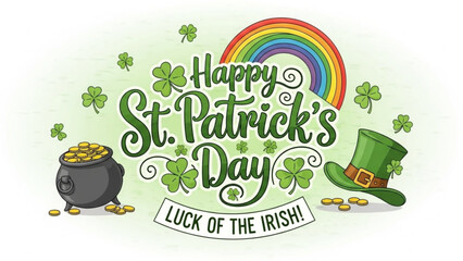 Happy St Patricks Day greeting with pot of gold leprechaun hat and rainbow luck of the Irish concept for festive celebration