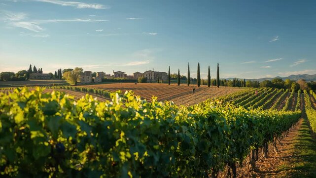 Sunlit vineyard row to rustic farmhouse with cypress tree, grapevine and rural landscape serenity