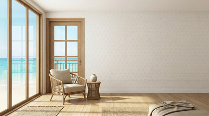 Relaxing beachfront living room with panoramic ocean view coastal decor bright natural light serene atmosphere