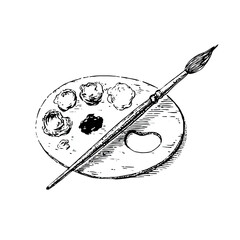 Black and white illustration of a wooden art palette with blobs of paint and a paintbrush