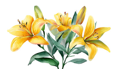 A vibrant watercolor painting featuring bright yellow lilies with green leaves on a black background © Martabak