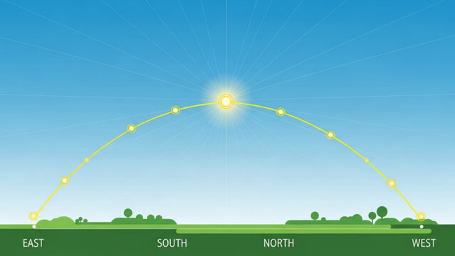 Suns path across the sky illustration showing sunrise to sunset and cardinal directions ideal for educational or scientific concepts
